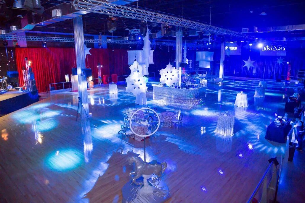 Xtreme Action Park roller skating rink hosting a party event with a winter wonderland theme