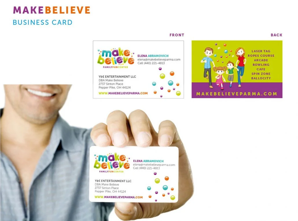 make believe family fun center branding and marketing design: business card
