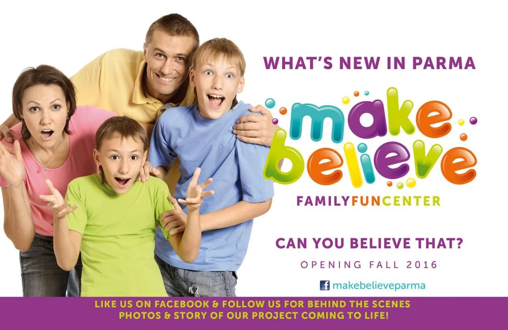 Make Believe family fun center branding and printed marketing materials