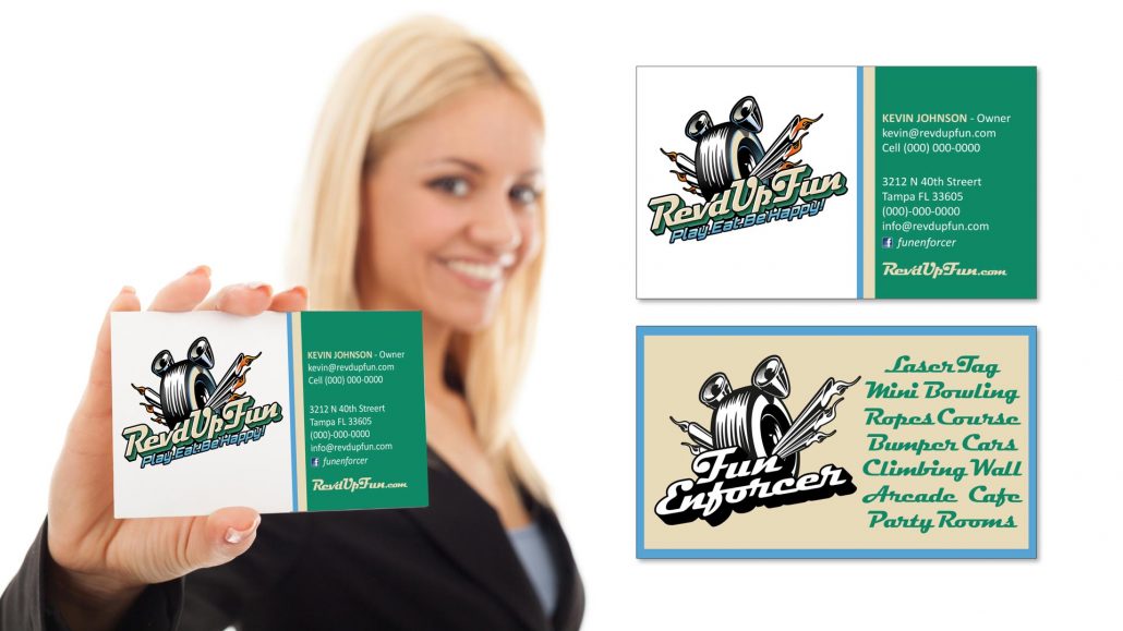 marketing materials and branding design for rev'd up fun featuring business card design